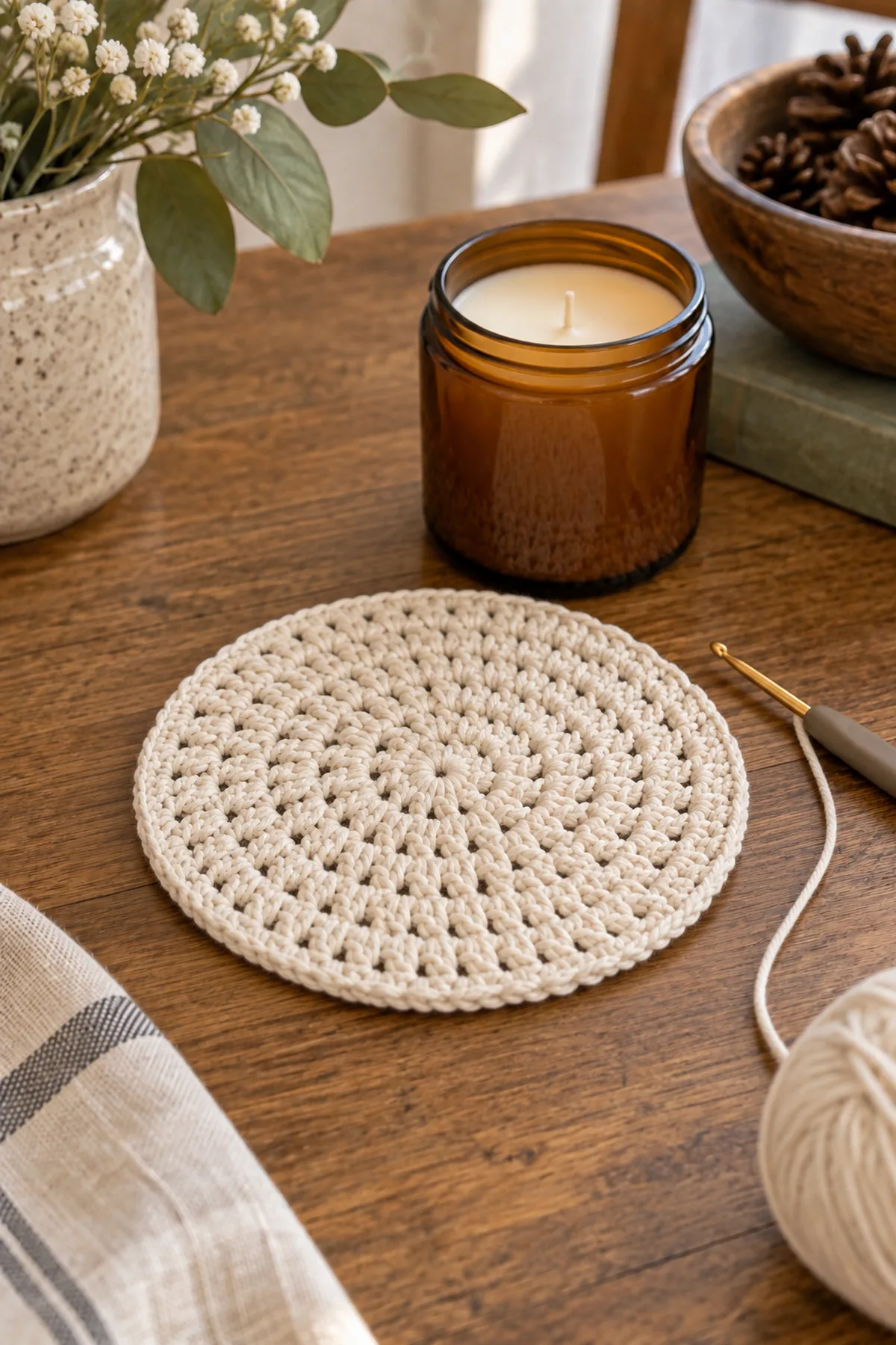 Mid-process crochet construction and shaping for crochet mini candle jar mat