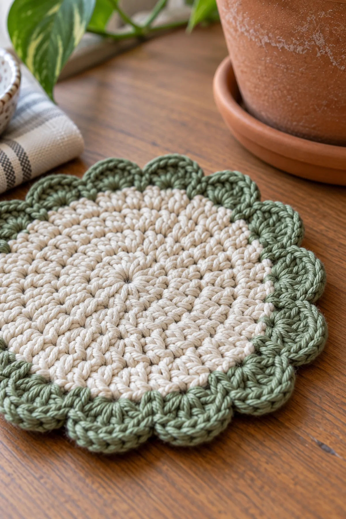 Close-up of the stitch texture and finishing details on crochet mini plant saucer mat