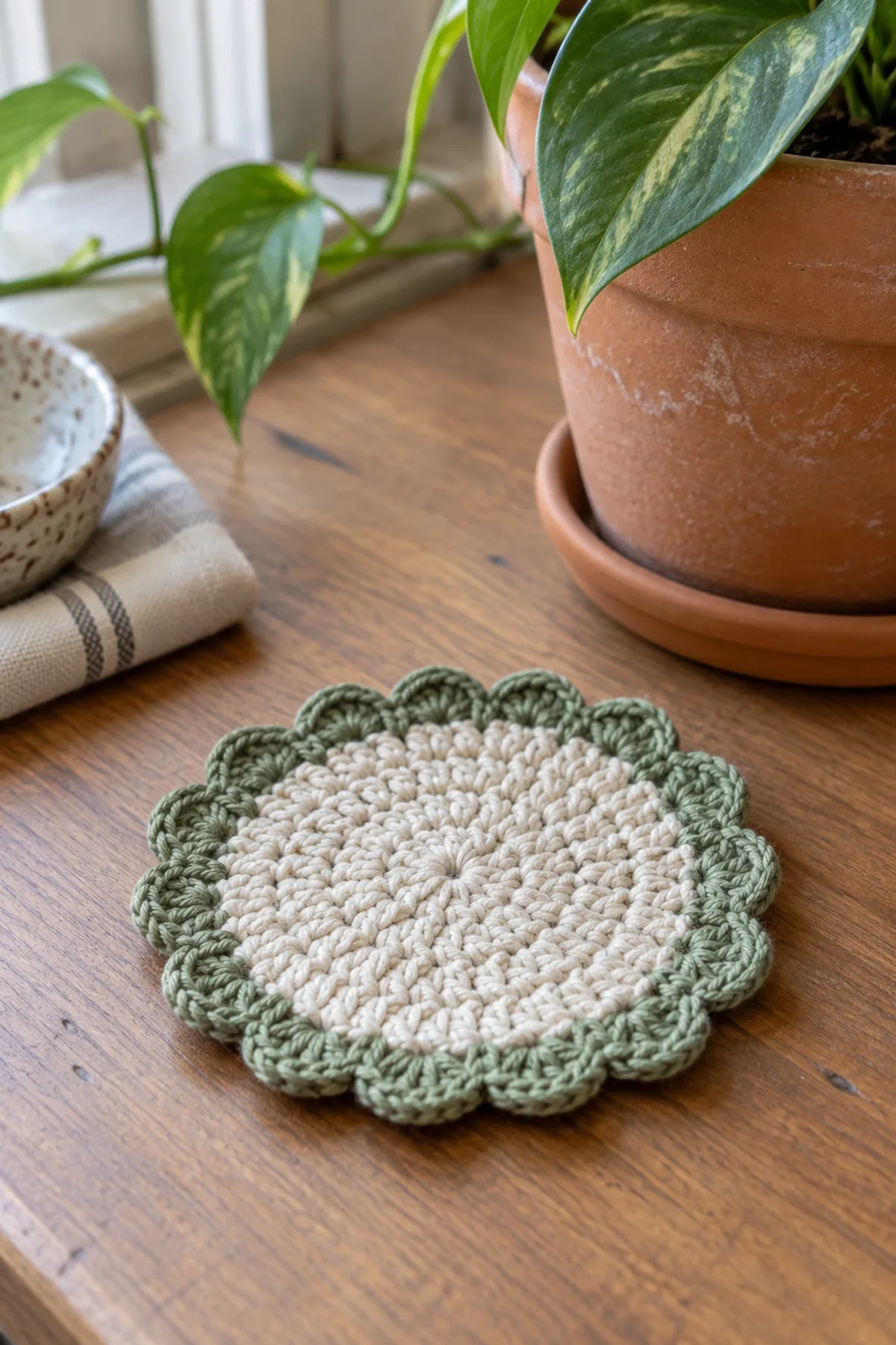 Finished crochet mini plant saucer mat displayed with a clean handmade finish