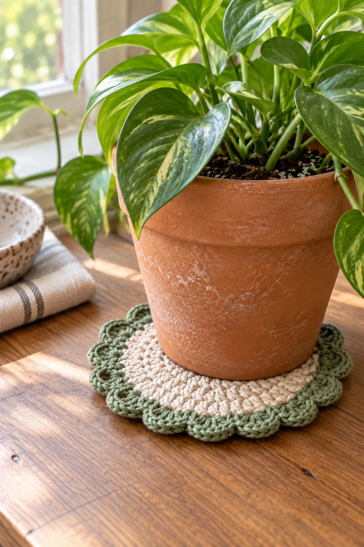 Finished crochet mini plant saucer mat styled in a bright natural setting