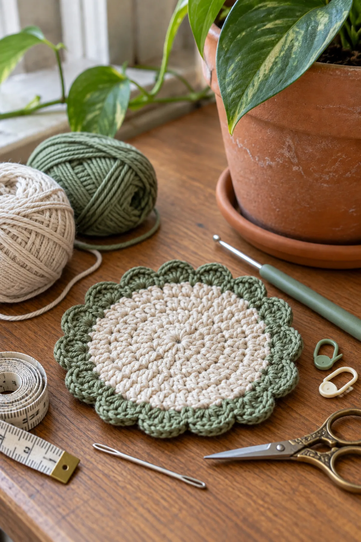 Yarn, crochet hook, stitch markers, yarn needle, tape measure, and scissors for crochet mini plant saucer mat