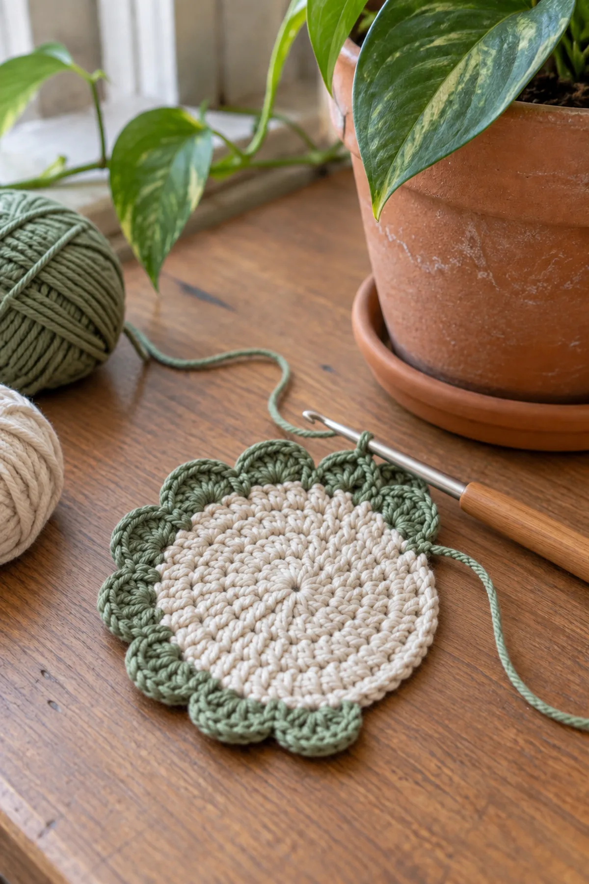 Early crochet construction stage for crochet mini plant saucer mat with working yarn and hook