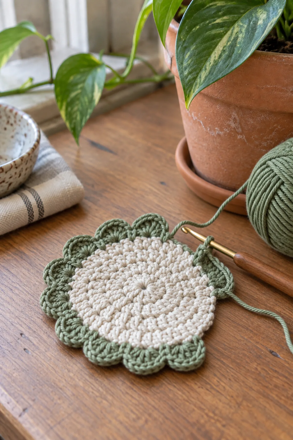 Mid-process crochet construction and shaping for crochet mini plant saucer mat