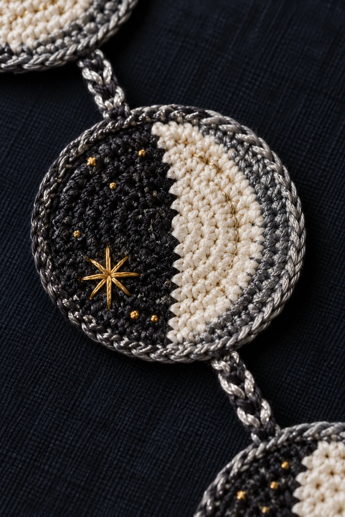 Close-up of crescent short rows gold embroidered star and braided cord join