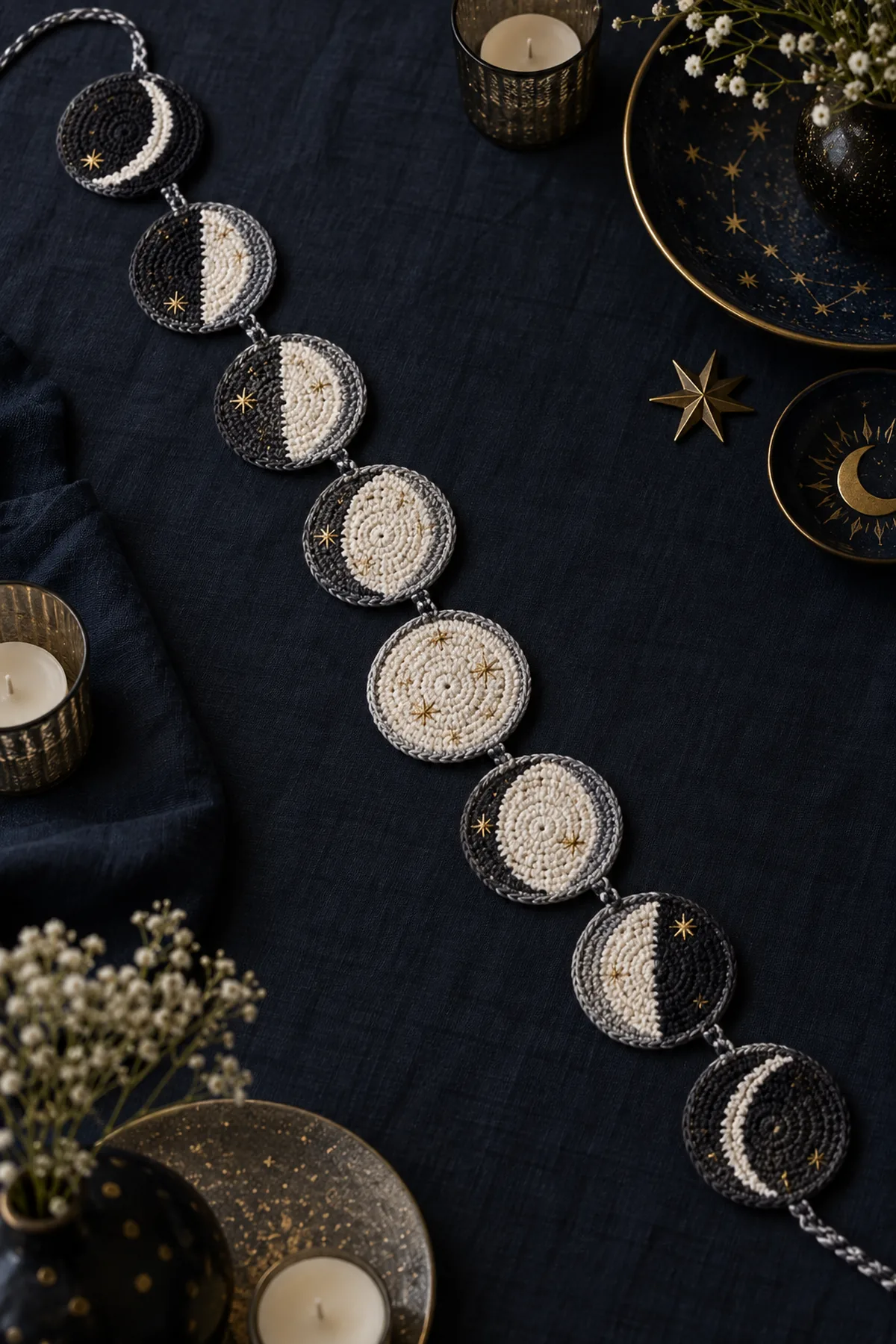 Finished crochet moon phase table garland with nine ivory silver and charcoal celestial motifs