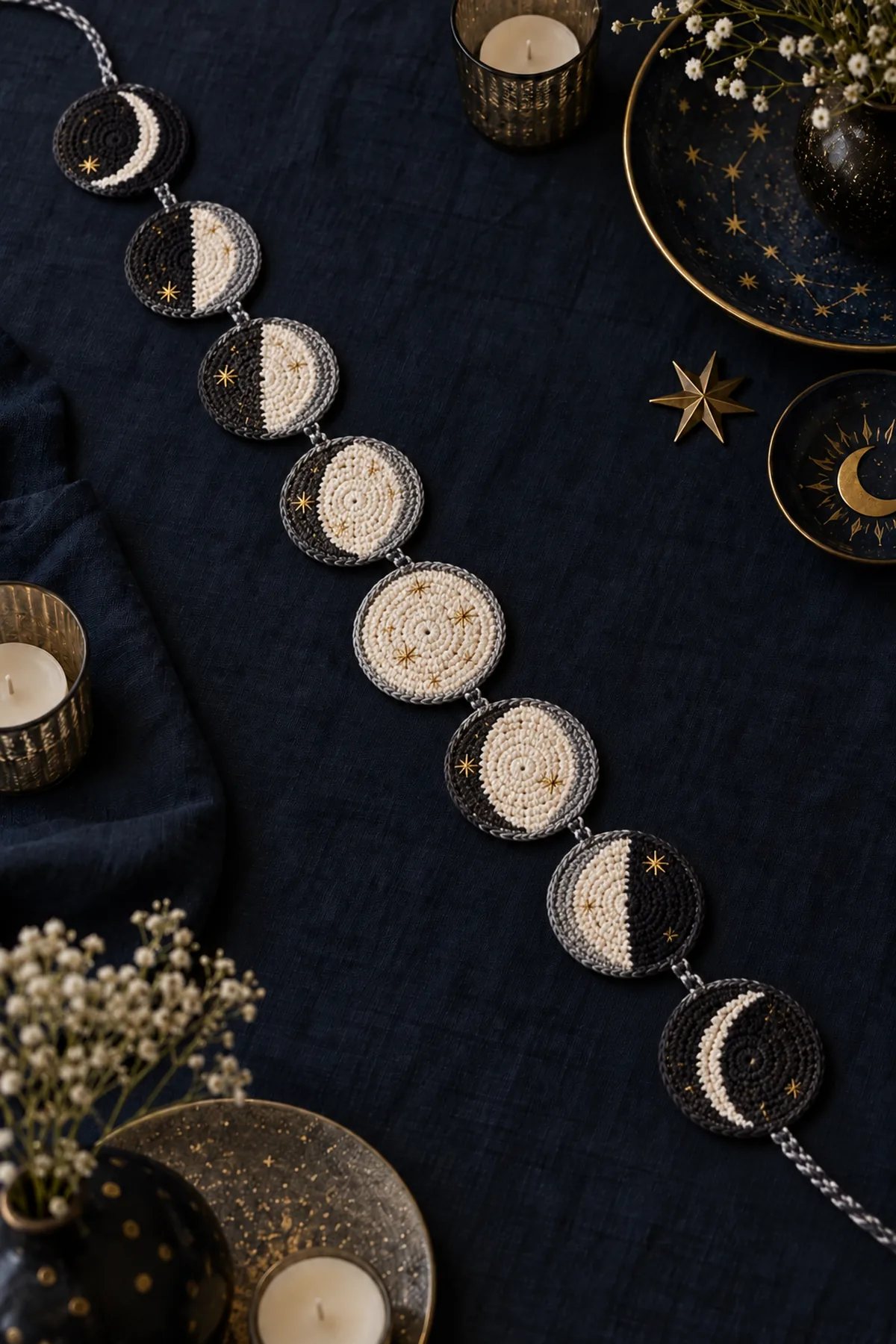 Crochet moon phase table garland styled with candles and dark blue linen on a dining table