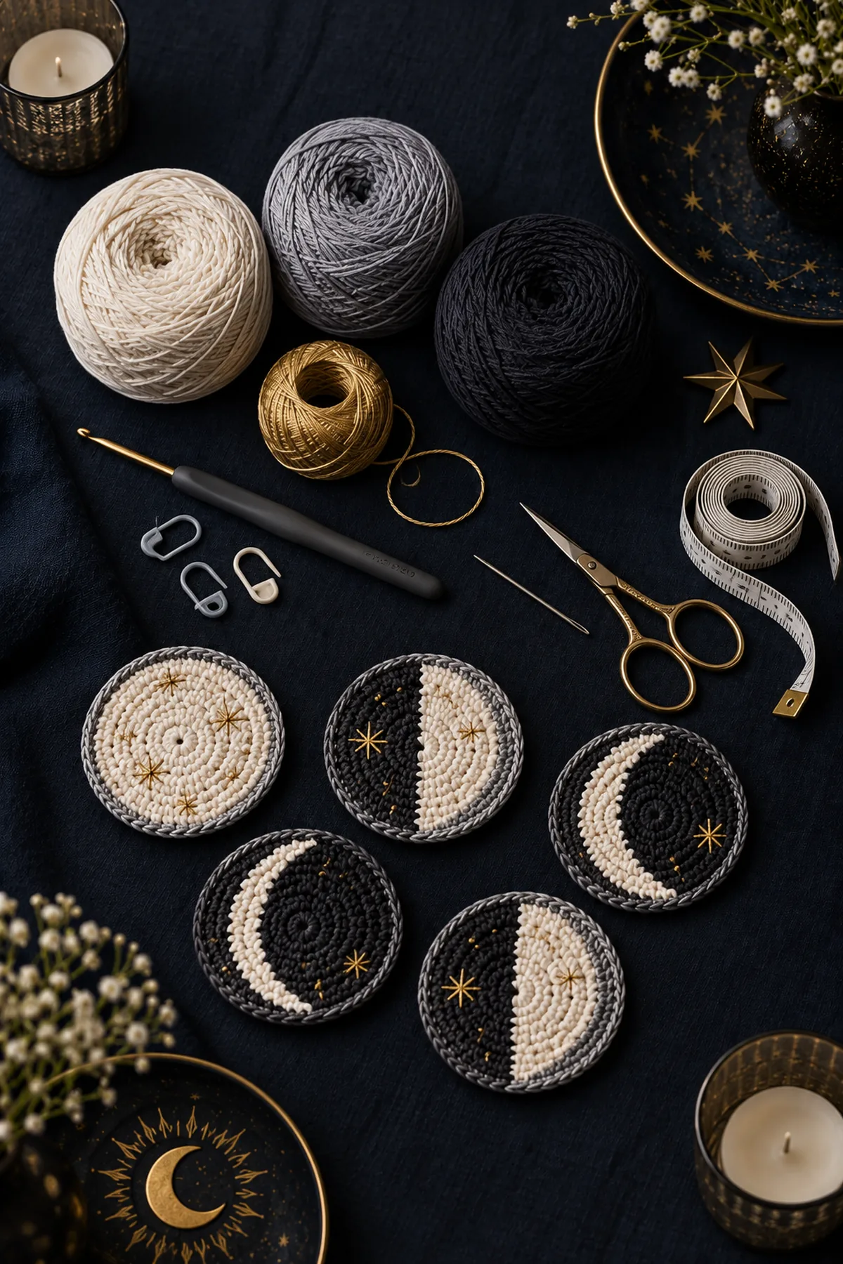 Ivory silver charcoal and gold yarn crochet hook markers needle scissors and tape measure