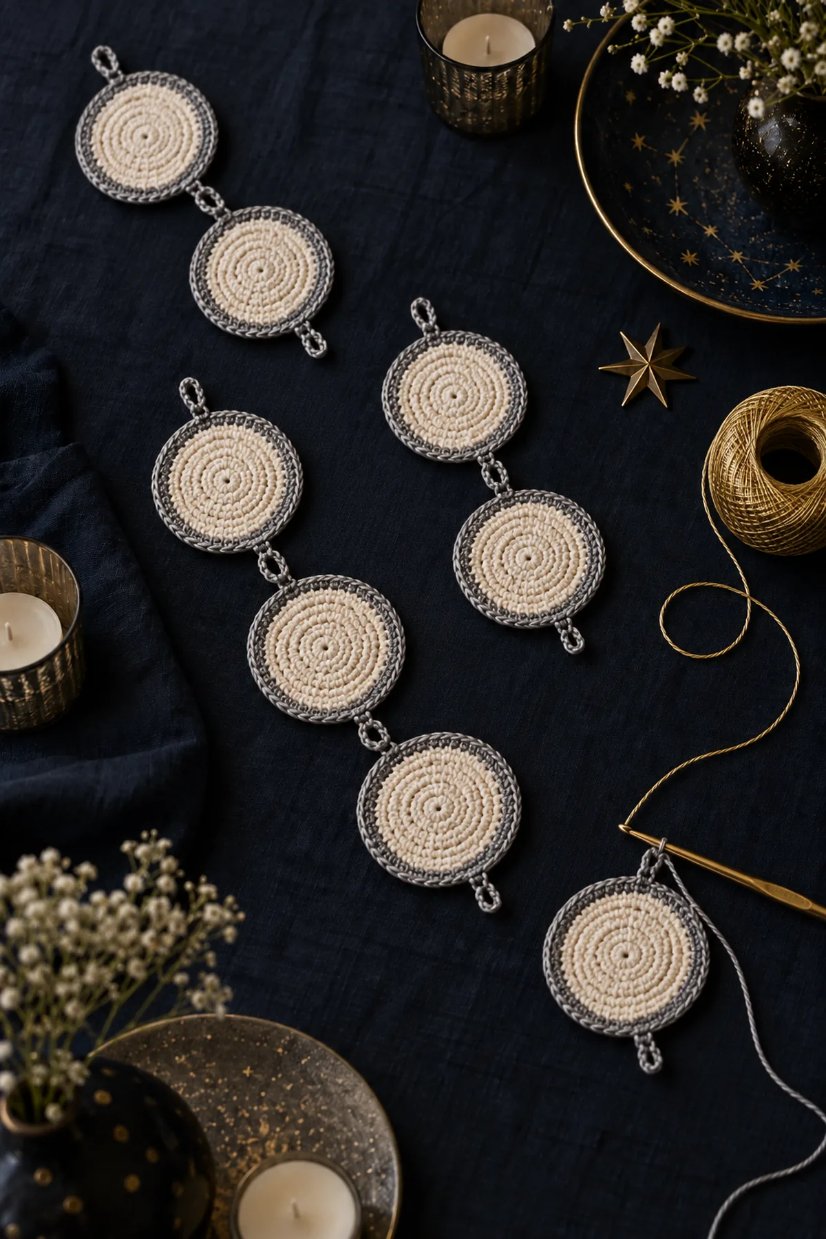 Small silver crochet moon disk after four even increase rounds