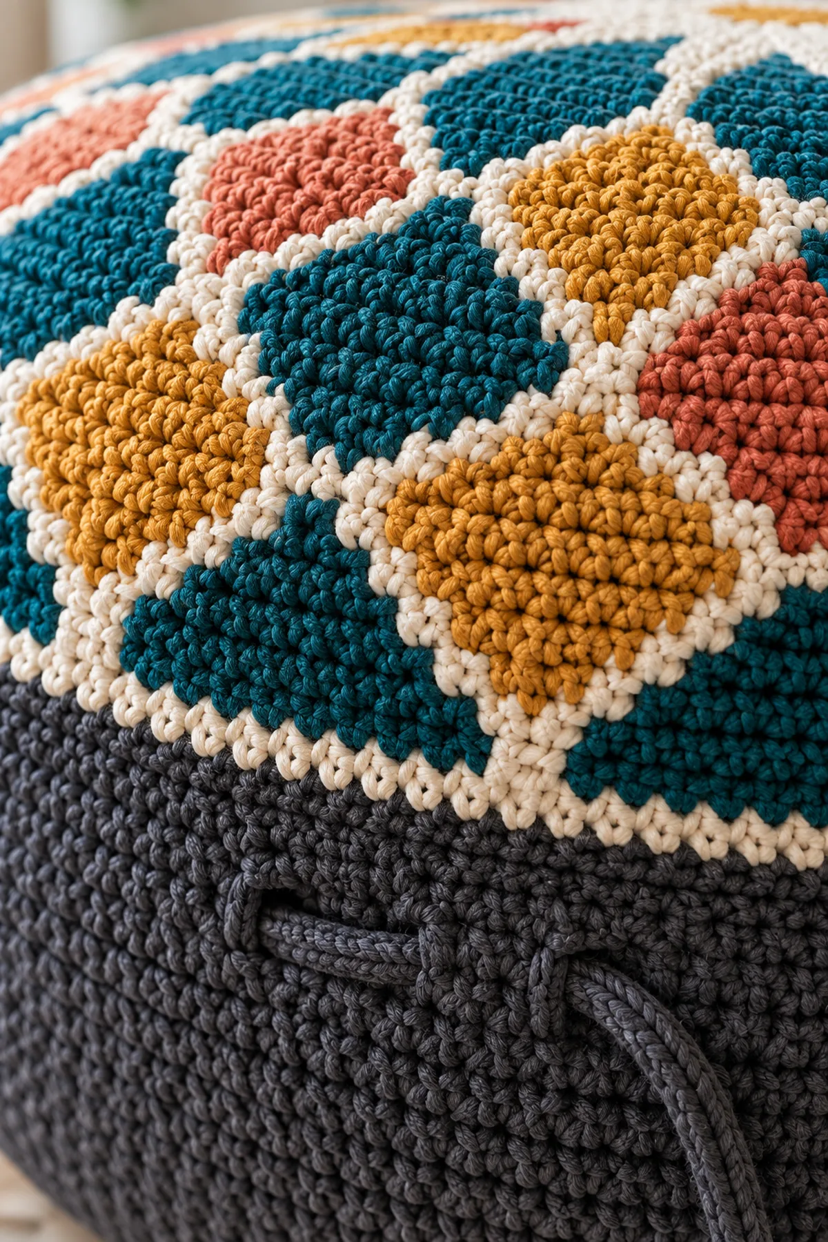 Close-up of raised zellige mosaic crochet stitches flat back loop join and drawstring eyelets