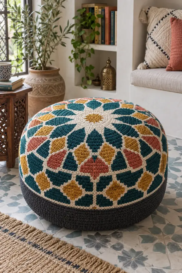 Finished round crochet Moroccan zellige pouf cover in teal ivory mustard coral and charcoal