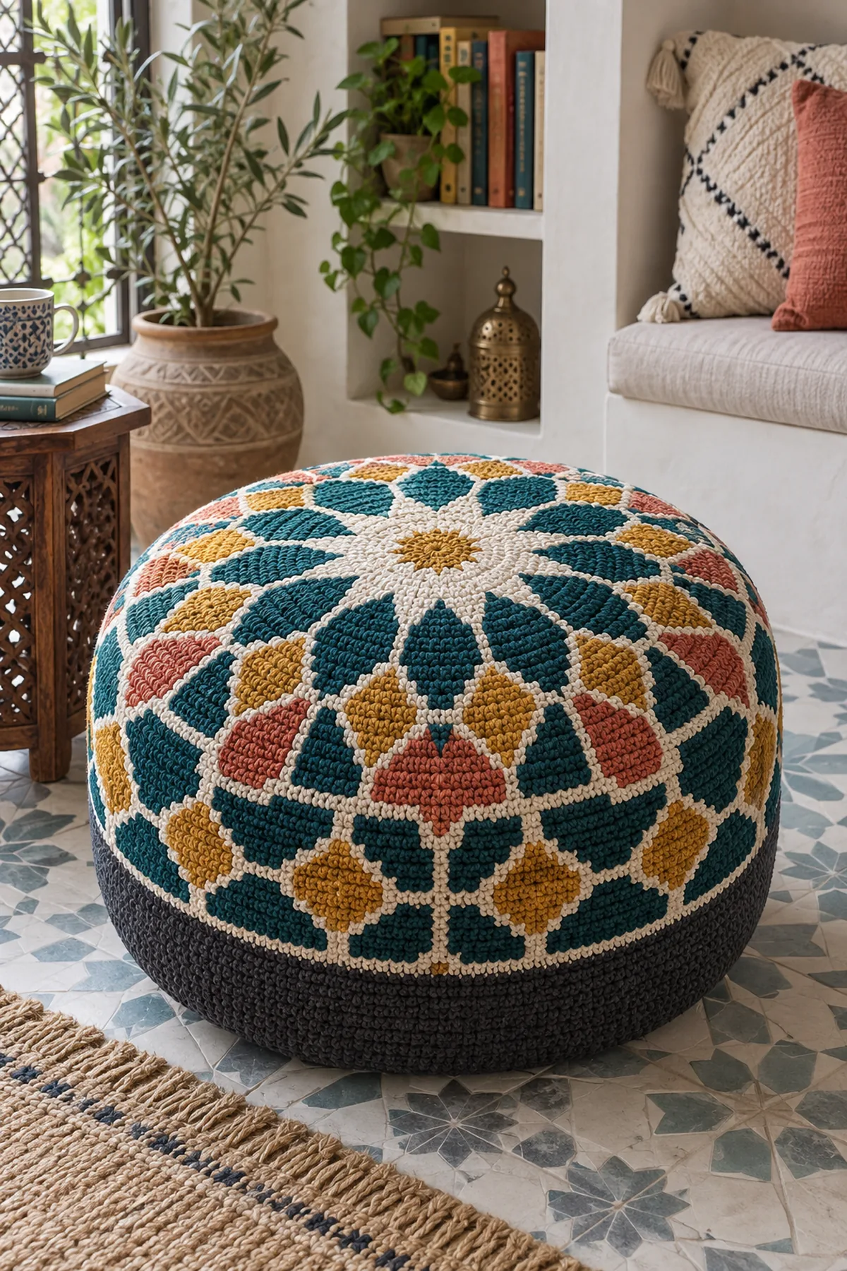 Finished round crochet Moroccan zellige pouf cover in teal ivory mustard coral and charcoal