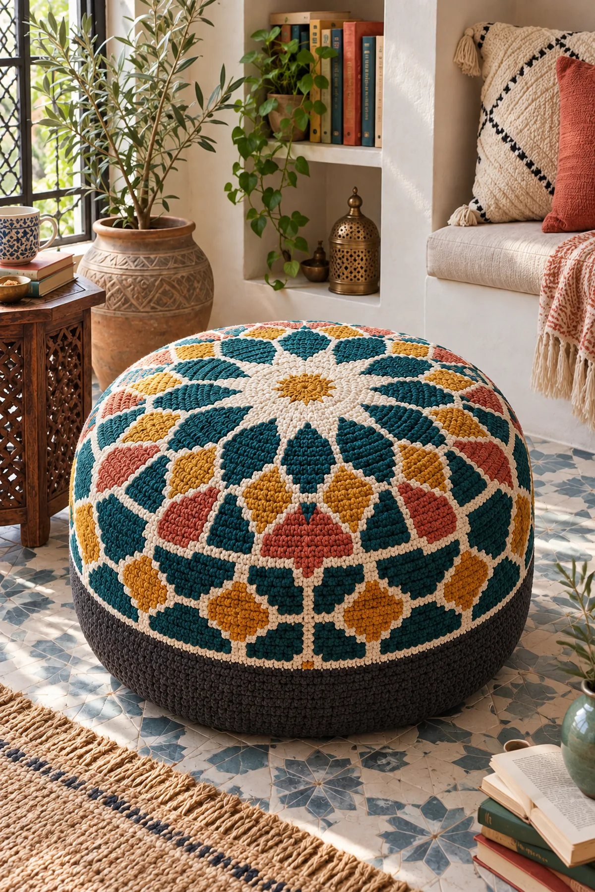 Moroccan zellige crochet pouf styled in a warm tiled reading nook