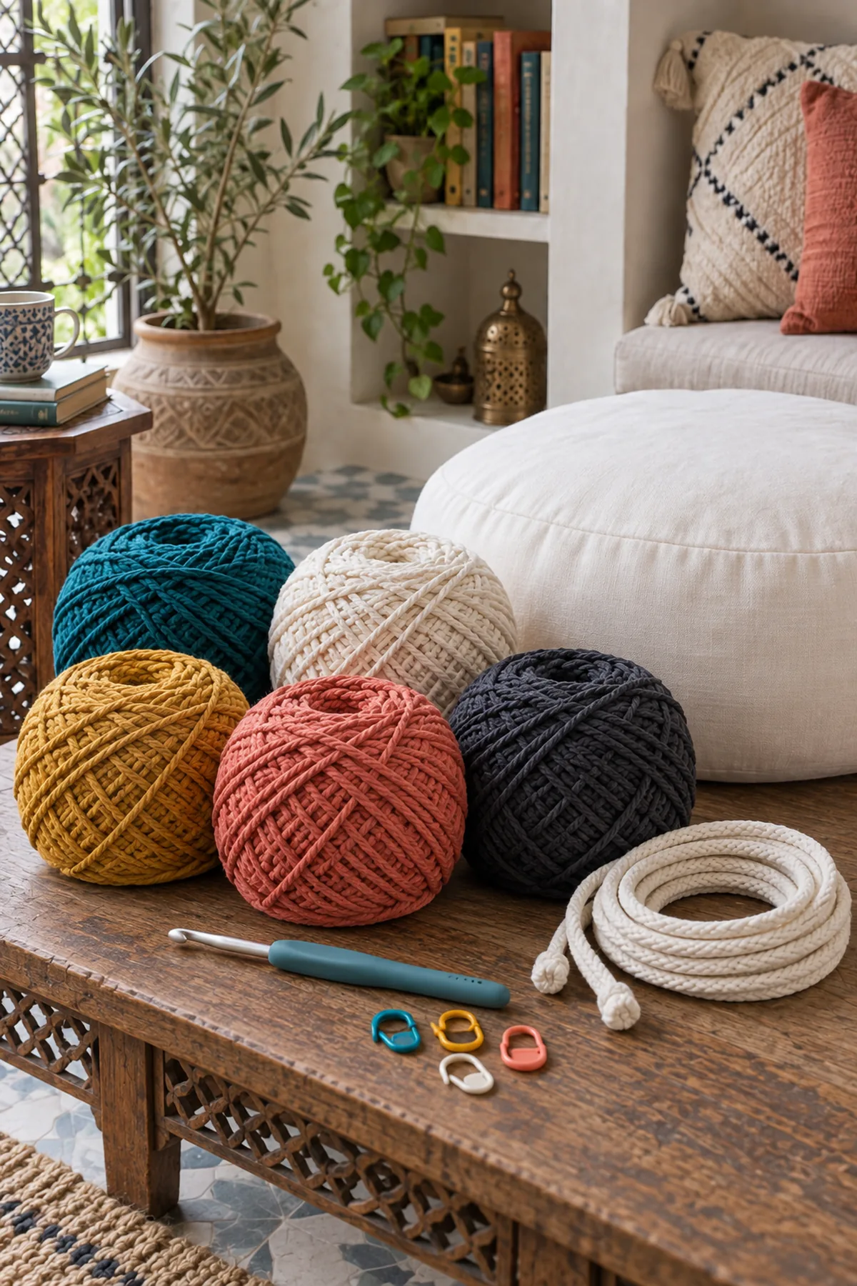 Teal ivory mustard coral and charcoal aran cotton yarn crochet hook markers drawcord and pouf insert