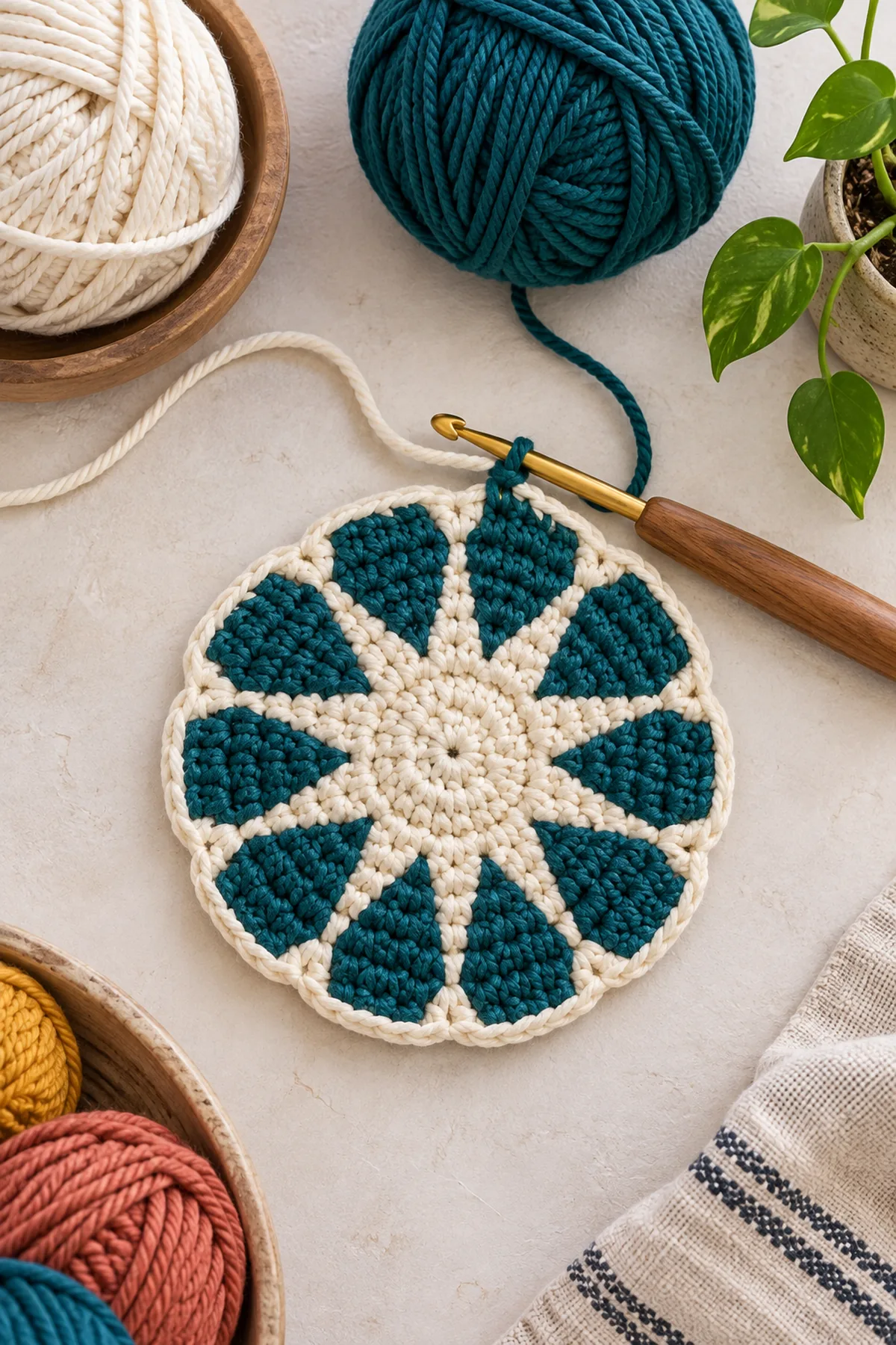 Ivory twelve stitch magic ring with first teal Moroccan zellige star wedges