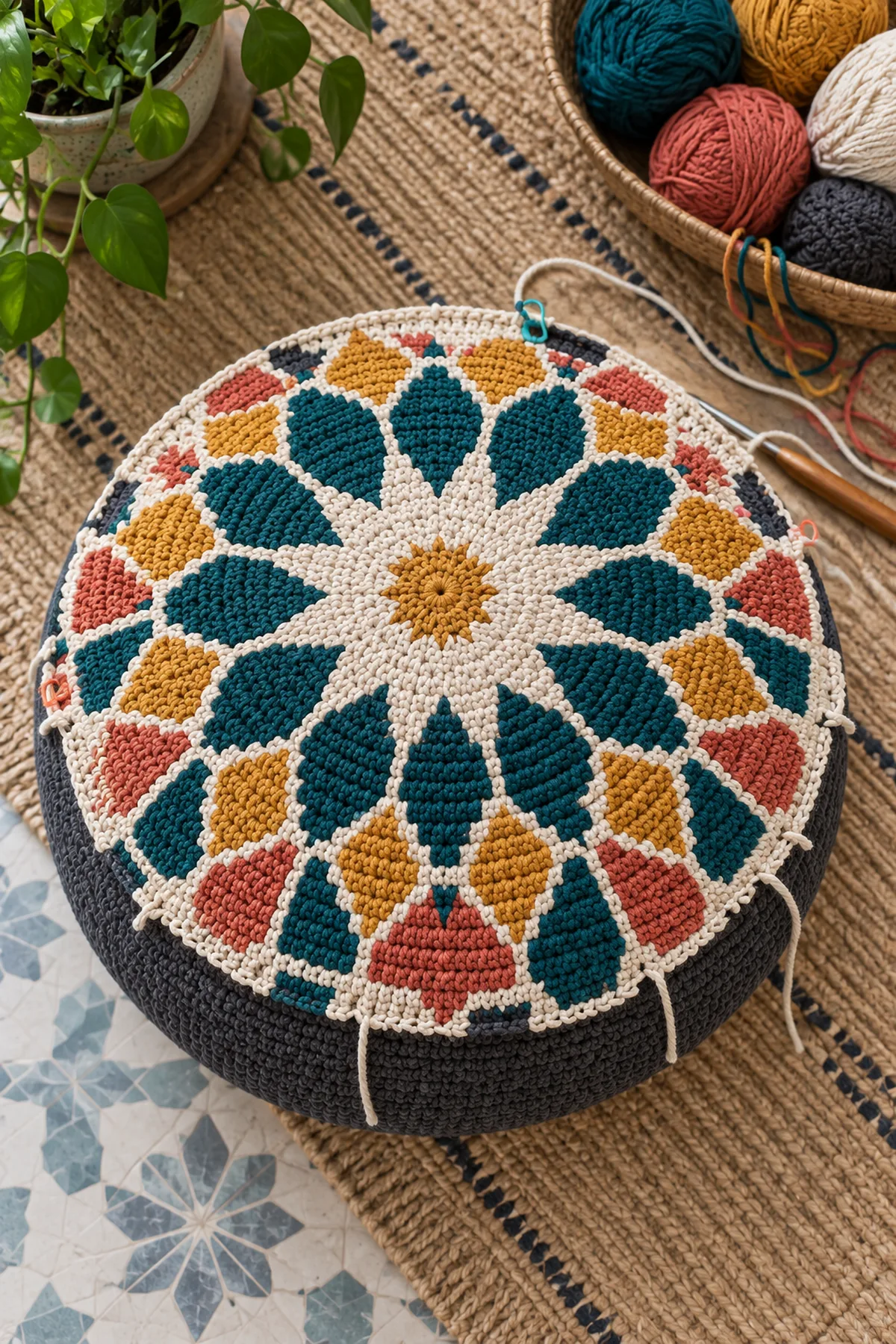 Round crochet pouf top midway through colorful overlay mosaic tile pattern