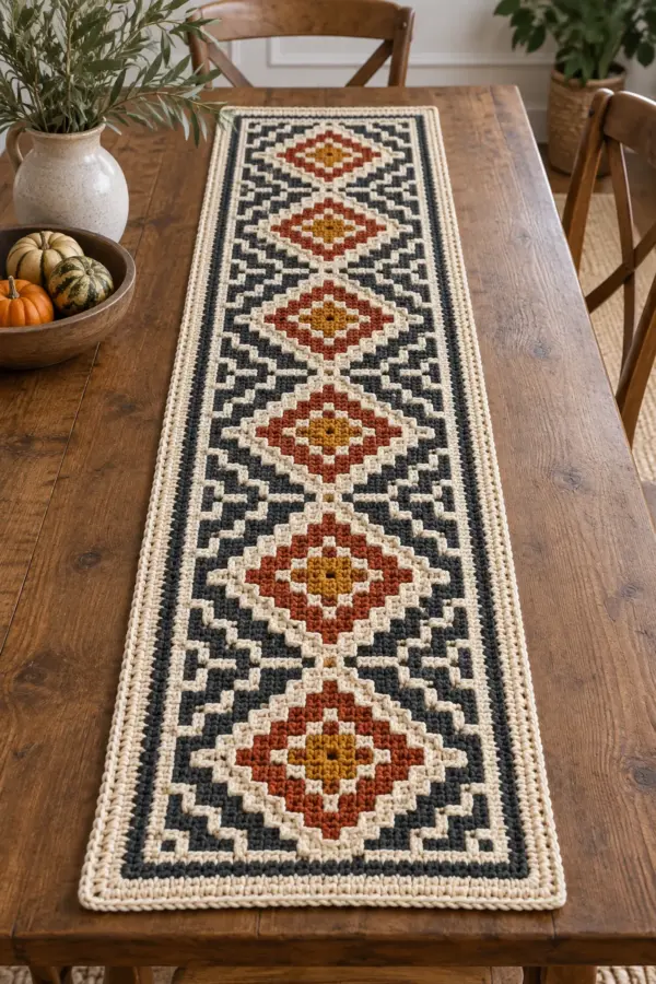 Finished cream charcoal terracotta and mustard crochet mosaic diamond table runner