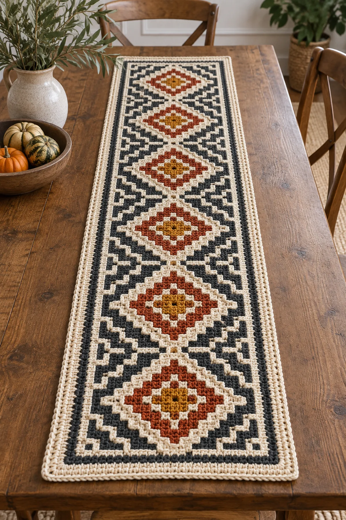 Finished cream charcoal terracotta and mustard crochet mosaic diamond table runner