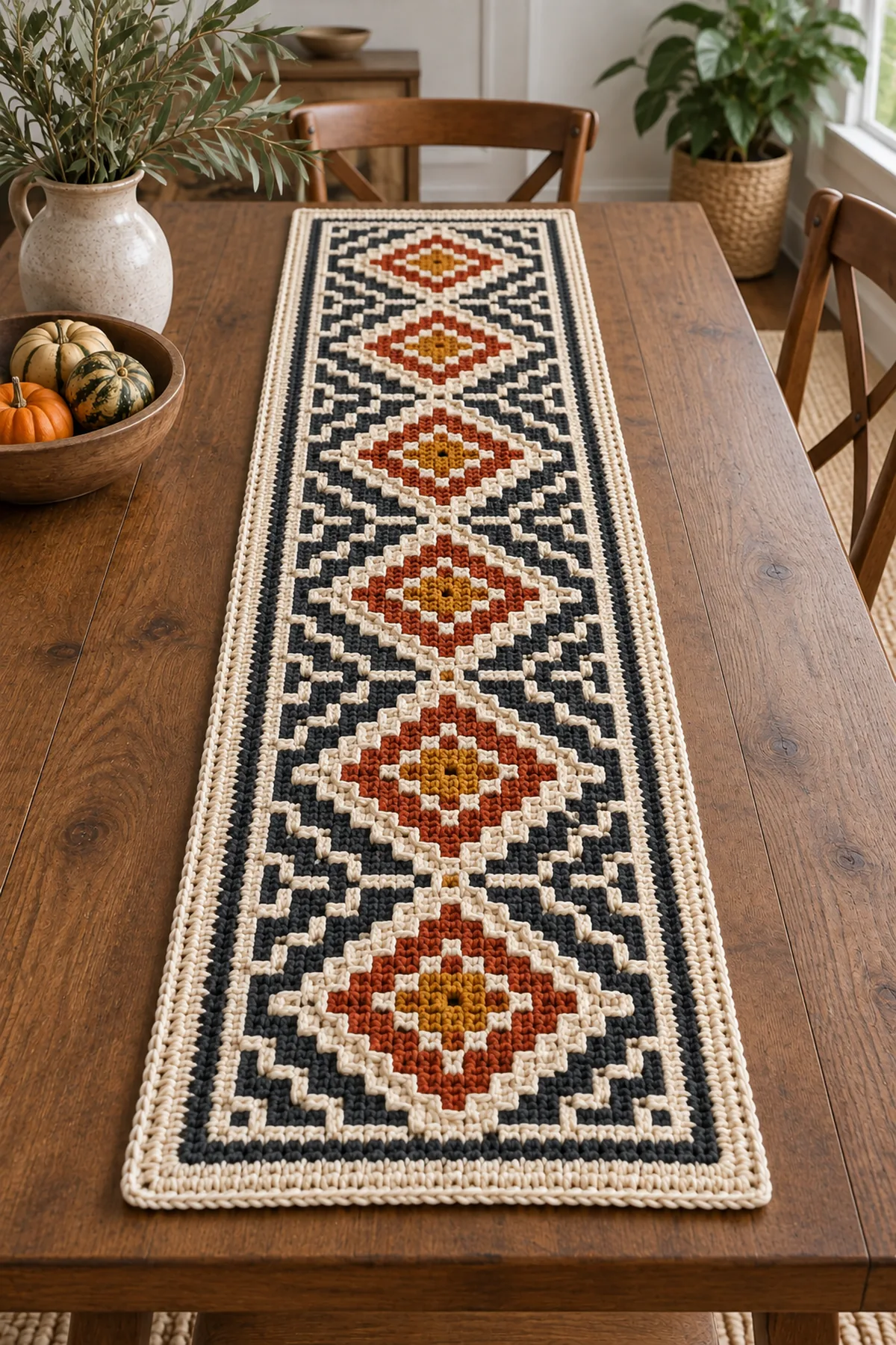 Mosaic diamond crochet table runner on a modern wooden dining table