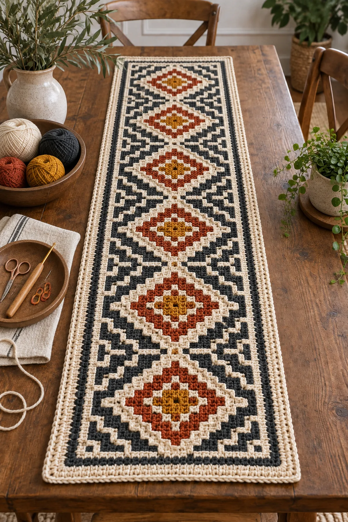 Cream charcoal terracotta and mustard cotton yarn with crochet tools