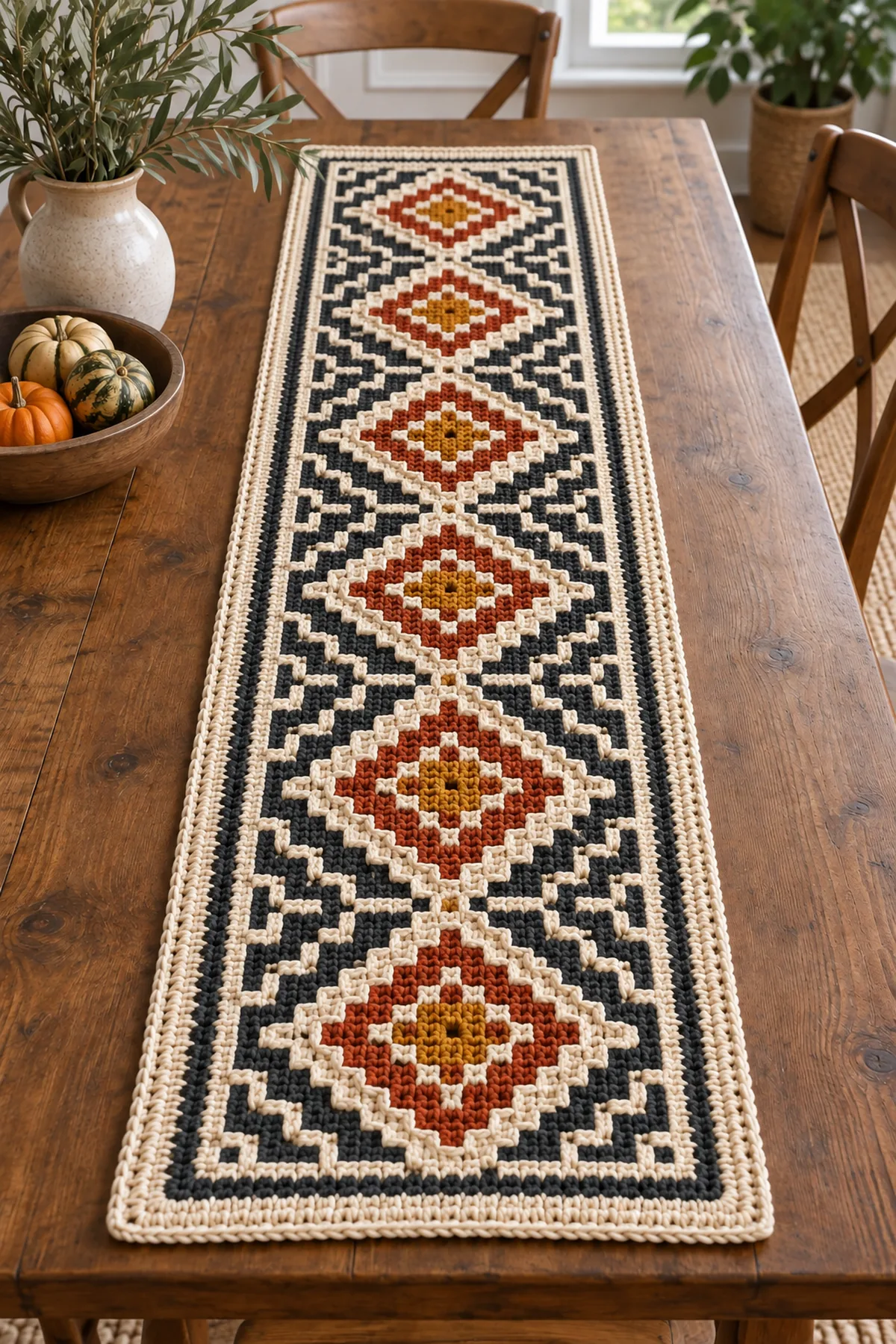 Long crochet runner with repeating nested mosaic diamond bands