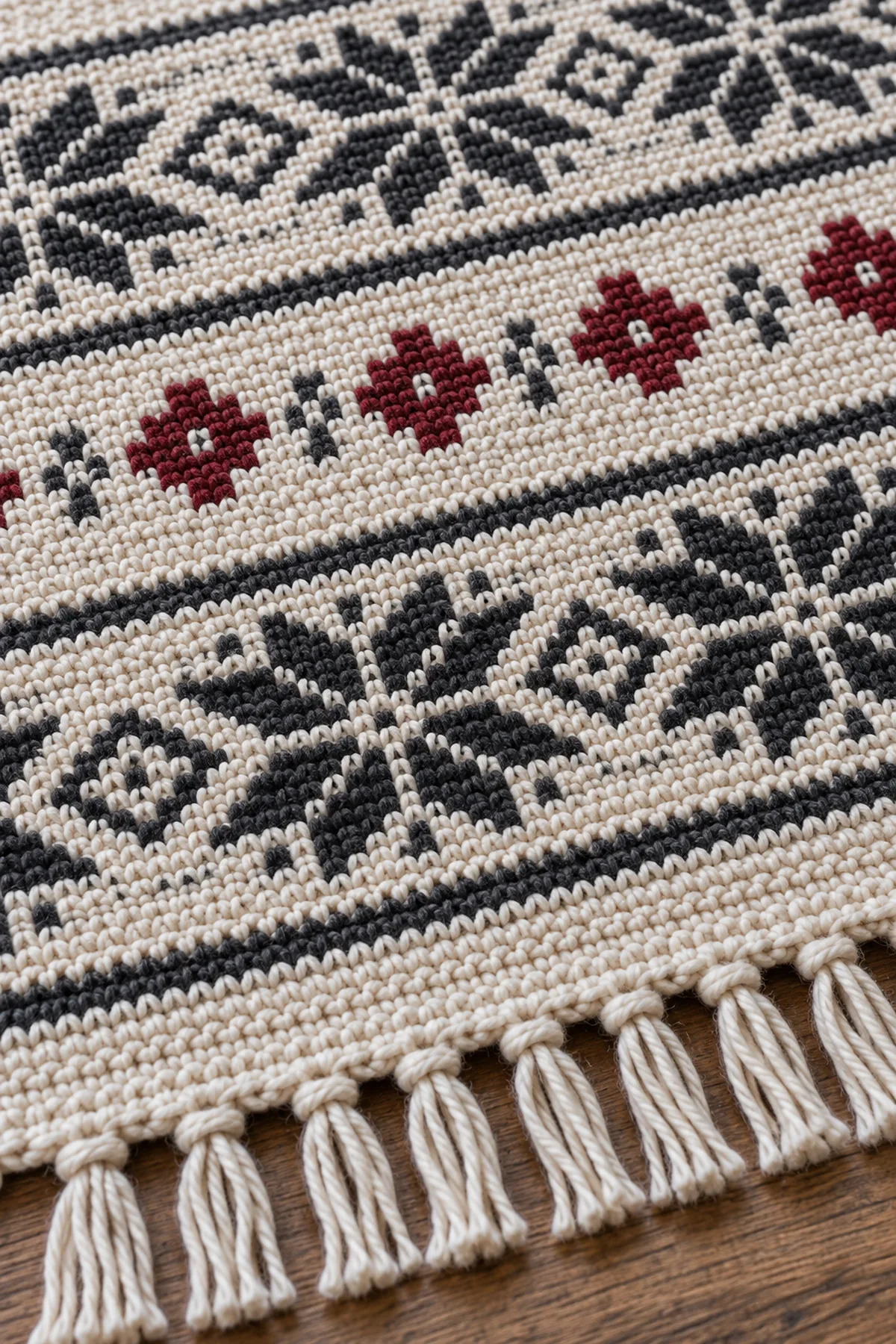 Close-up of tidy tapestry waistcoat stitches stepped cross motif border and fringe