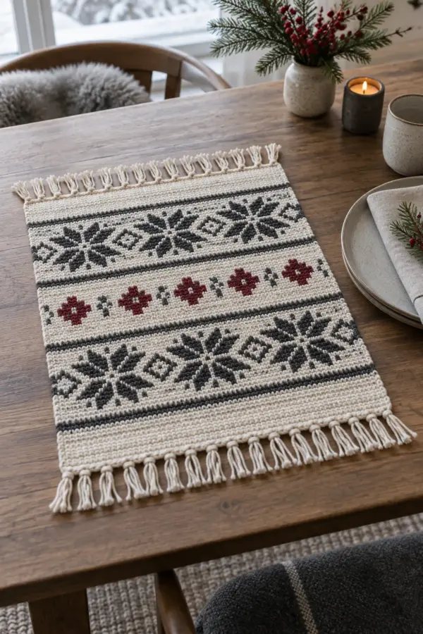 Finished Nordic crochet placemat in ivory charcoal and cranberry with twisted fringe
