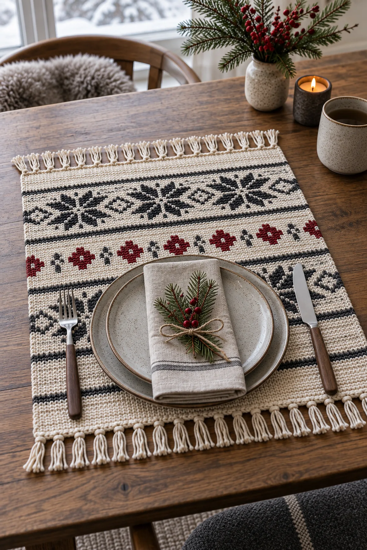Nordic stripe crochet placemat styled beneath simple stoneware on a winter table