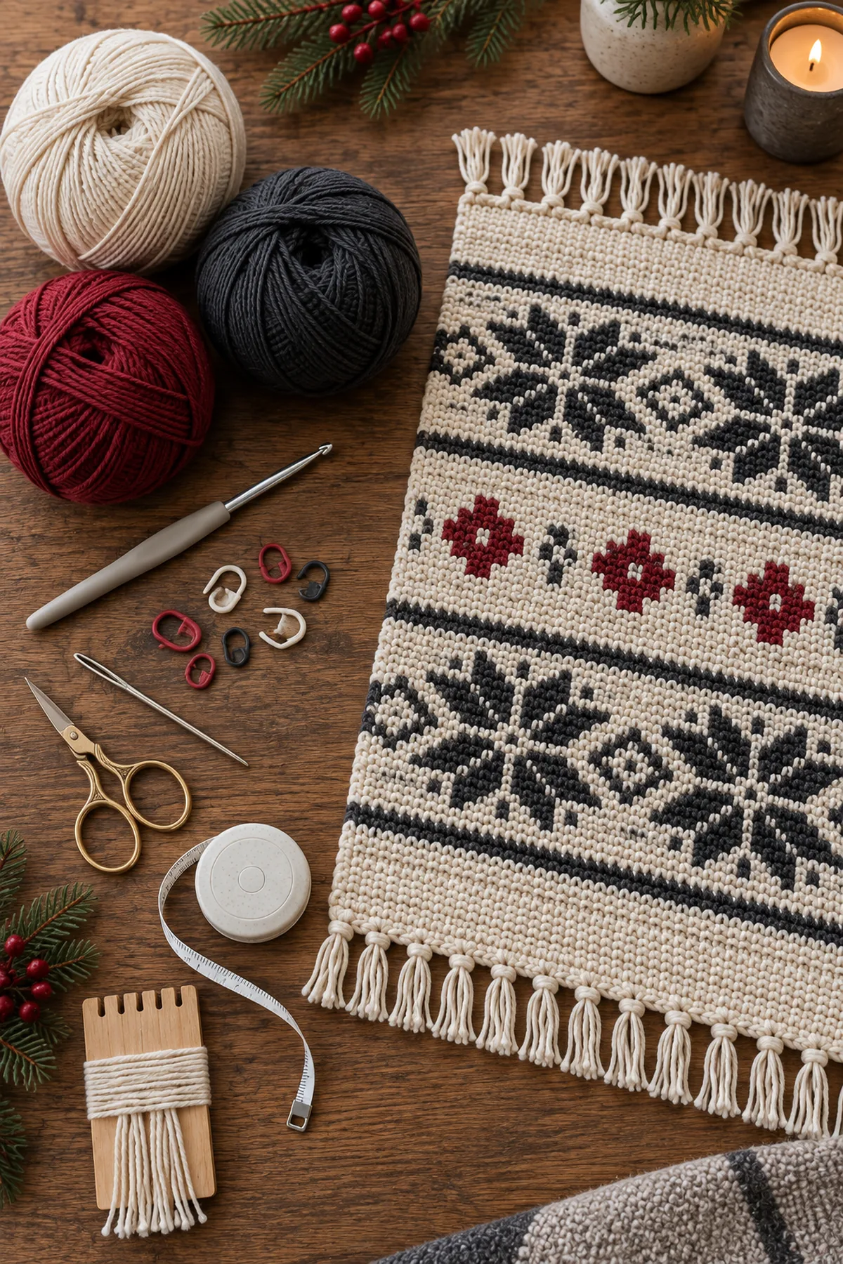 Ivory charcoal and cranberry DK cotton crochet hook markers needle scissors and fringe gauge