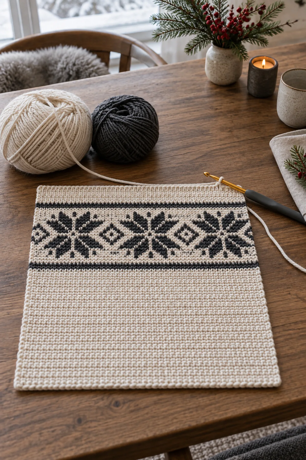 Ivory 66 stitch placemat foundation with first charcoal tapestry band