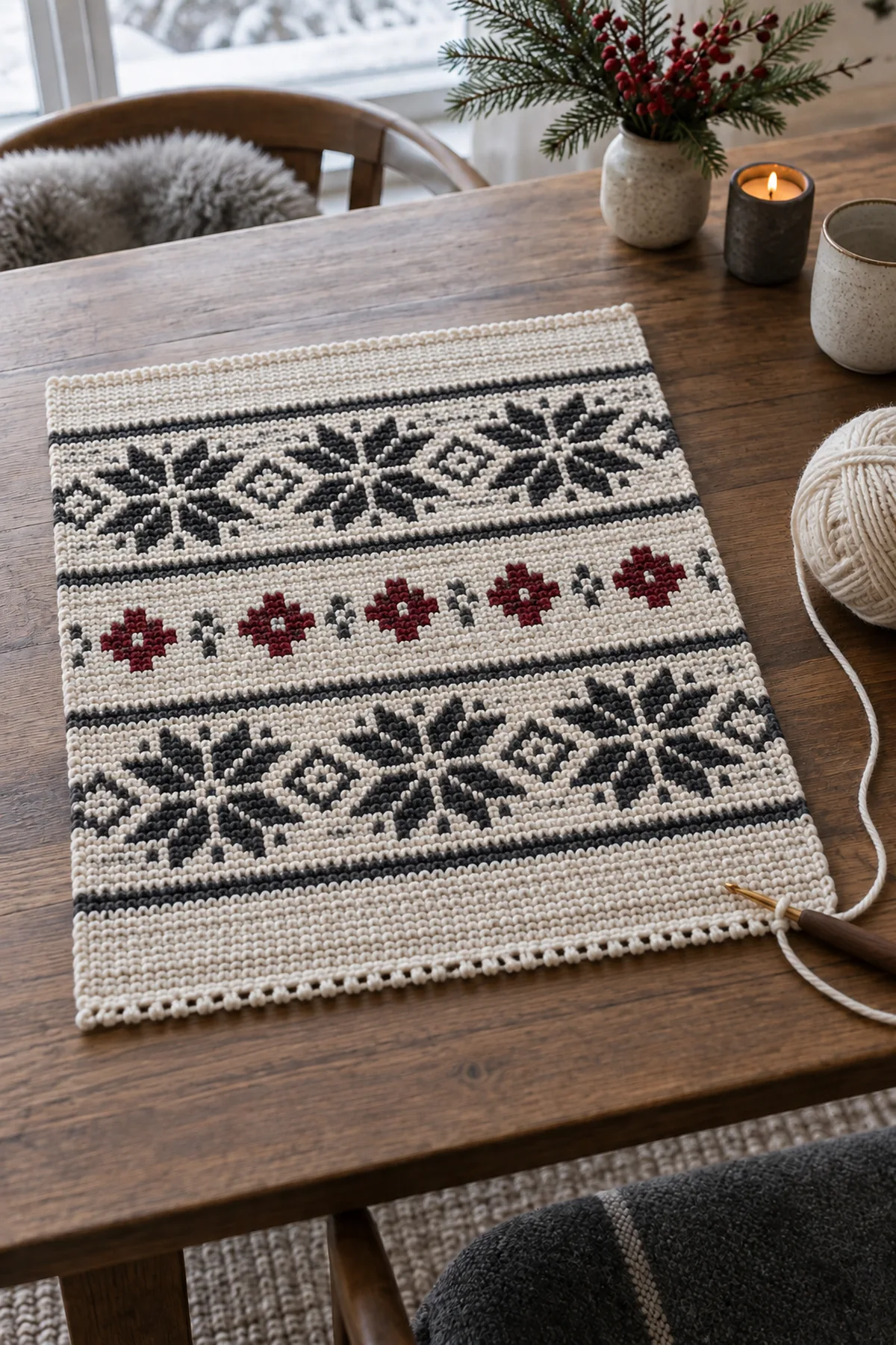 Rectangular Nordic crochet placemat midway through stepped cross colorwork