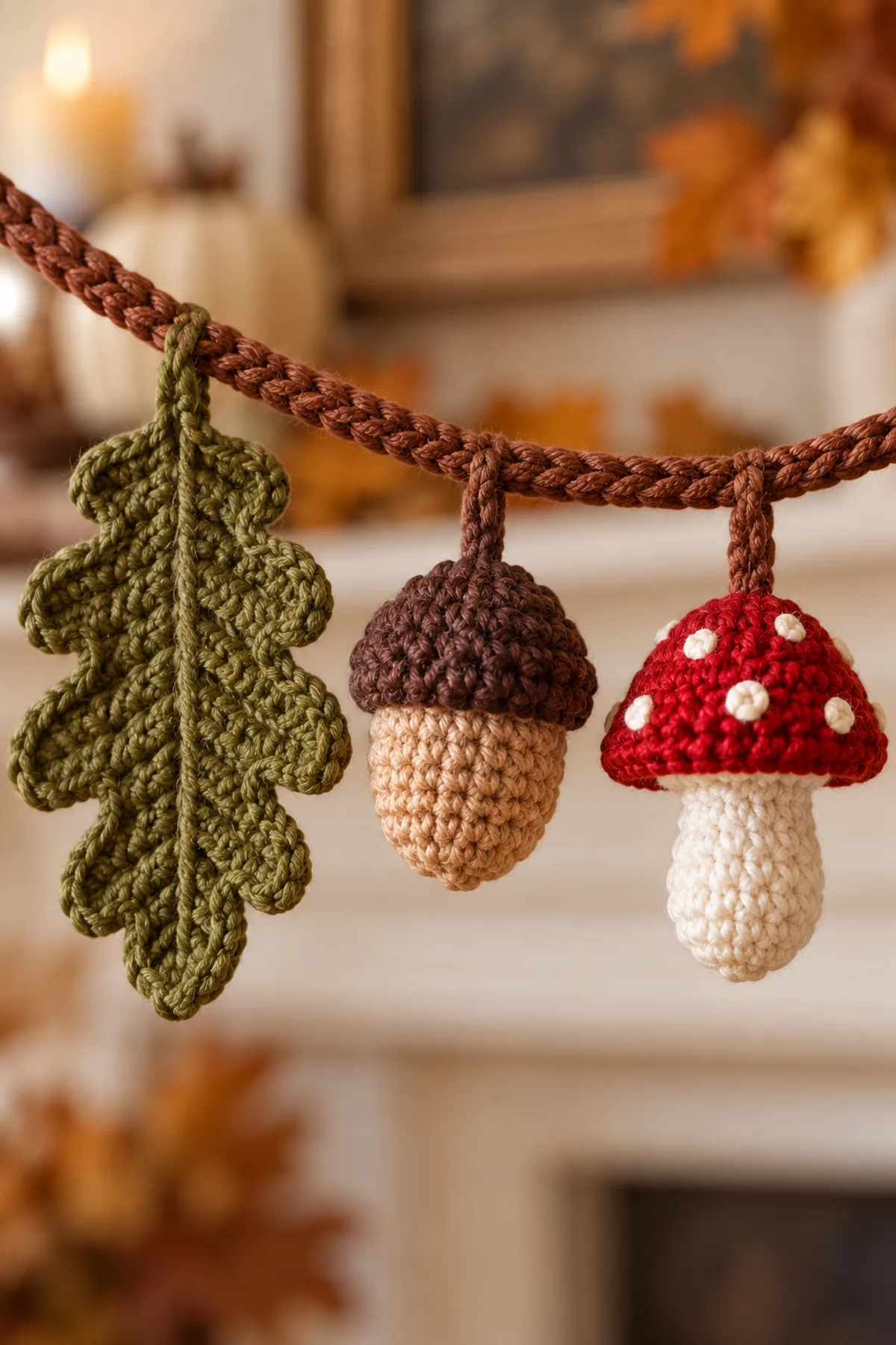Close-up of crochet oak leaf raised midrib textured acorn cap and mushroom charm