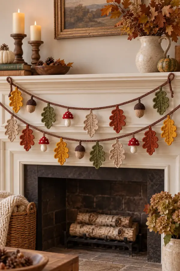 Finished crochet oak leaf garland with autumn leaves acorns and woodland mushrooms