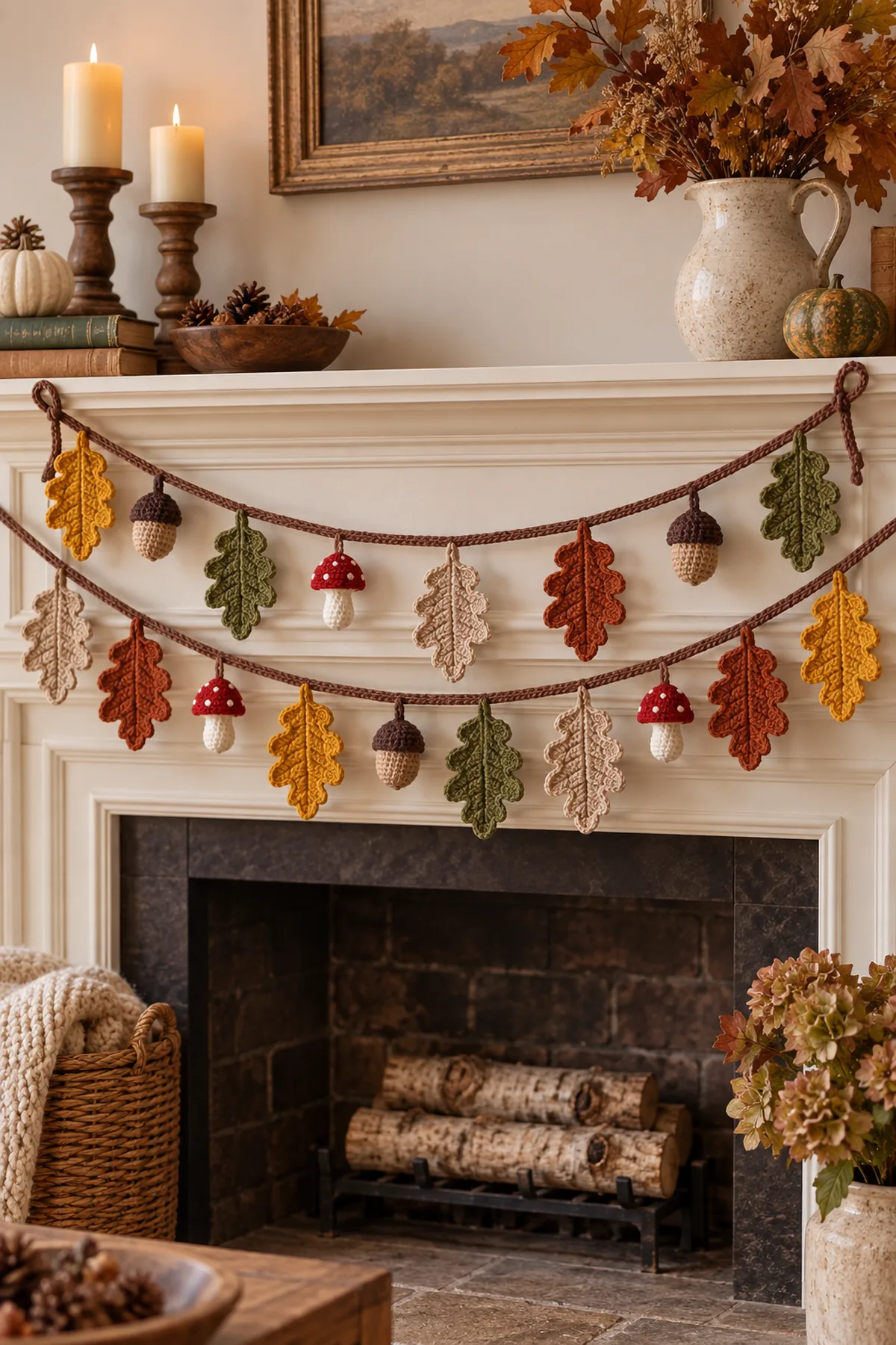 Finished crochet oak leaf garland with autumn leaves acorns and woodland mushrooms