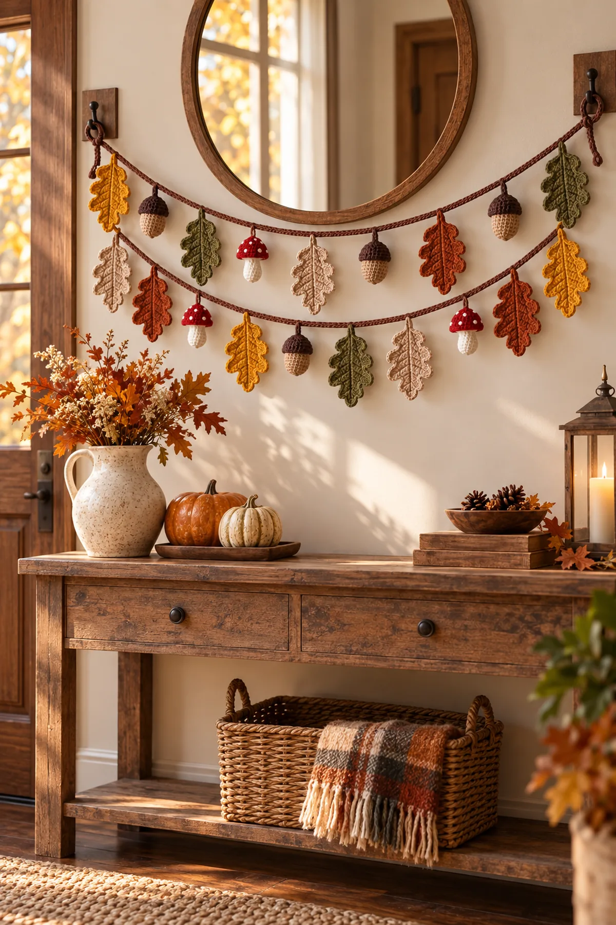 Autumn oak leaf crochet garland styled across a cozy mantel