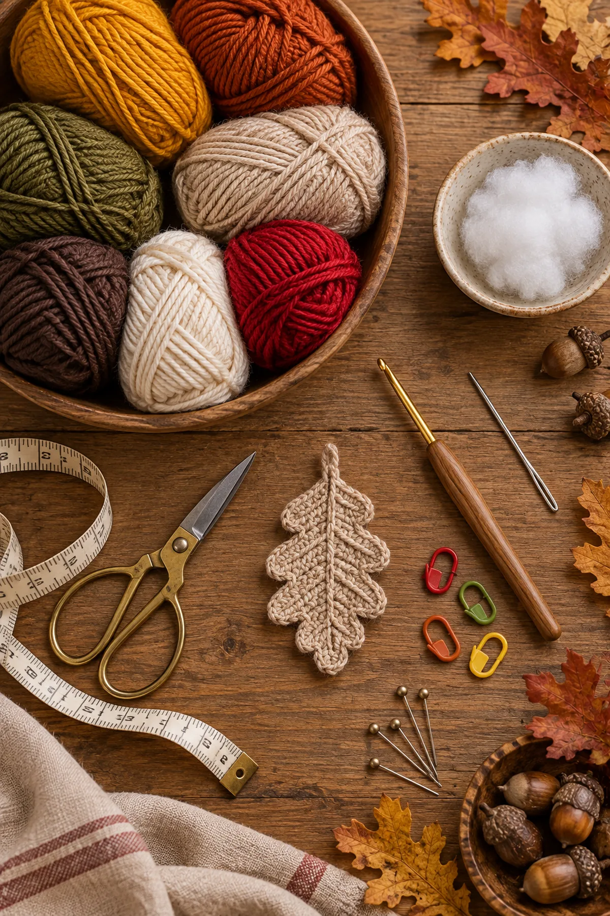 Mustard rust olive oatmeal brown and red yarn with crochet hook stuffing and tools