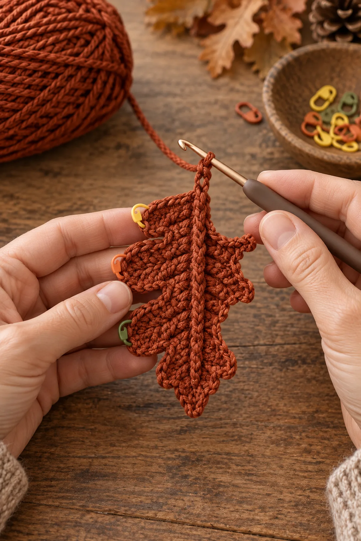 Deeply lobed crochet oak leaf worked around a center spine