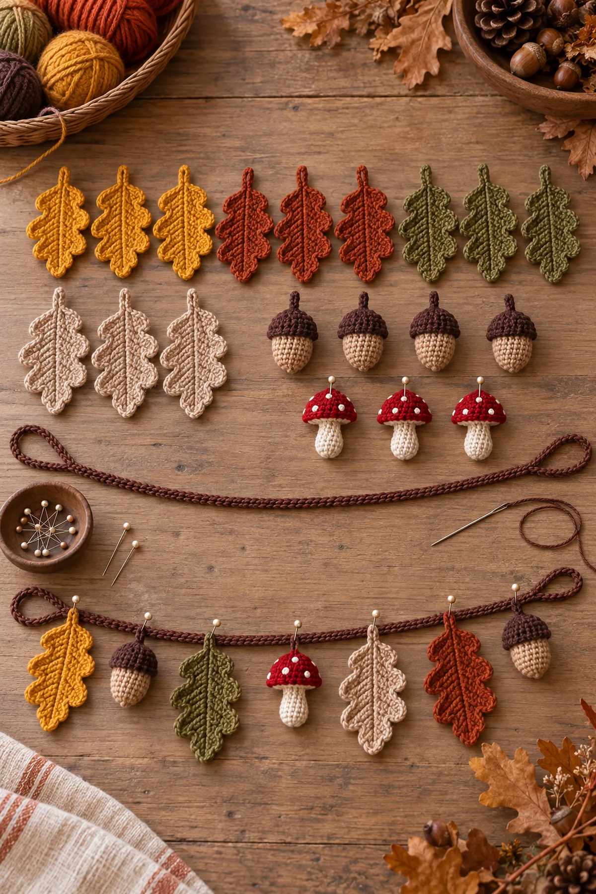 Blocked oak leaves stuffed acorns and mushroom charms arranged beside a brown cord