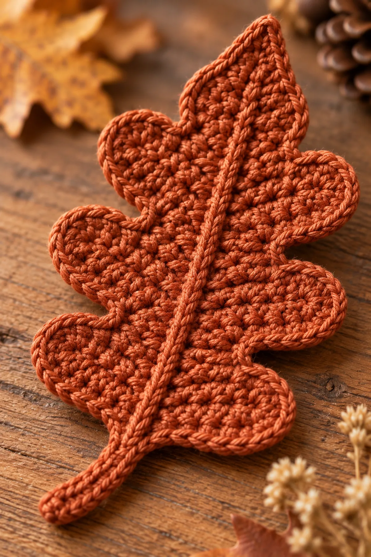 Close-up of crochet oak leaf picot points graduated lobes raised vein and stem