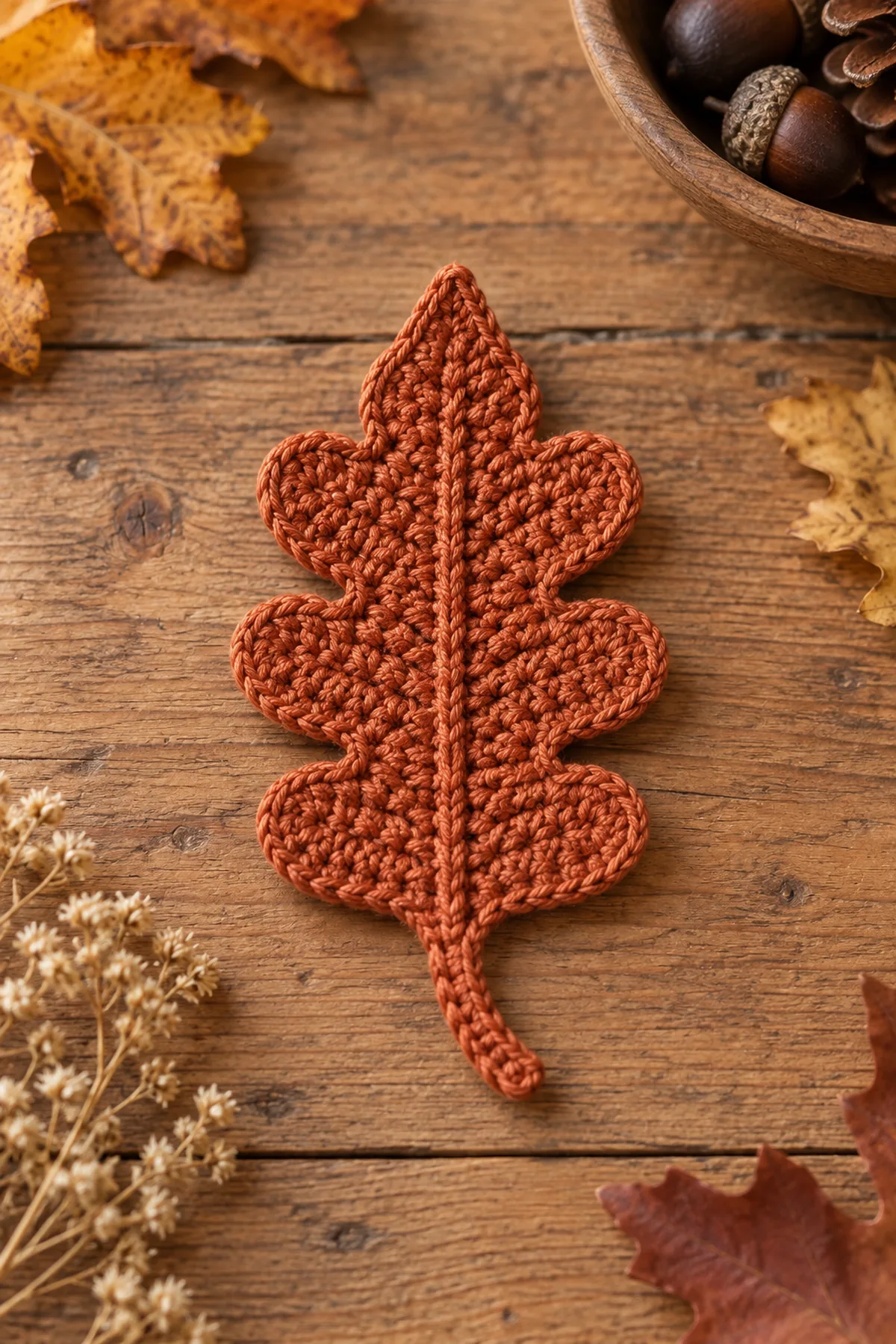 Finished rust crochet oak leaf with six shaped lobes pointed tip raised vein and curved stem