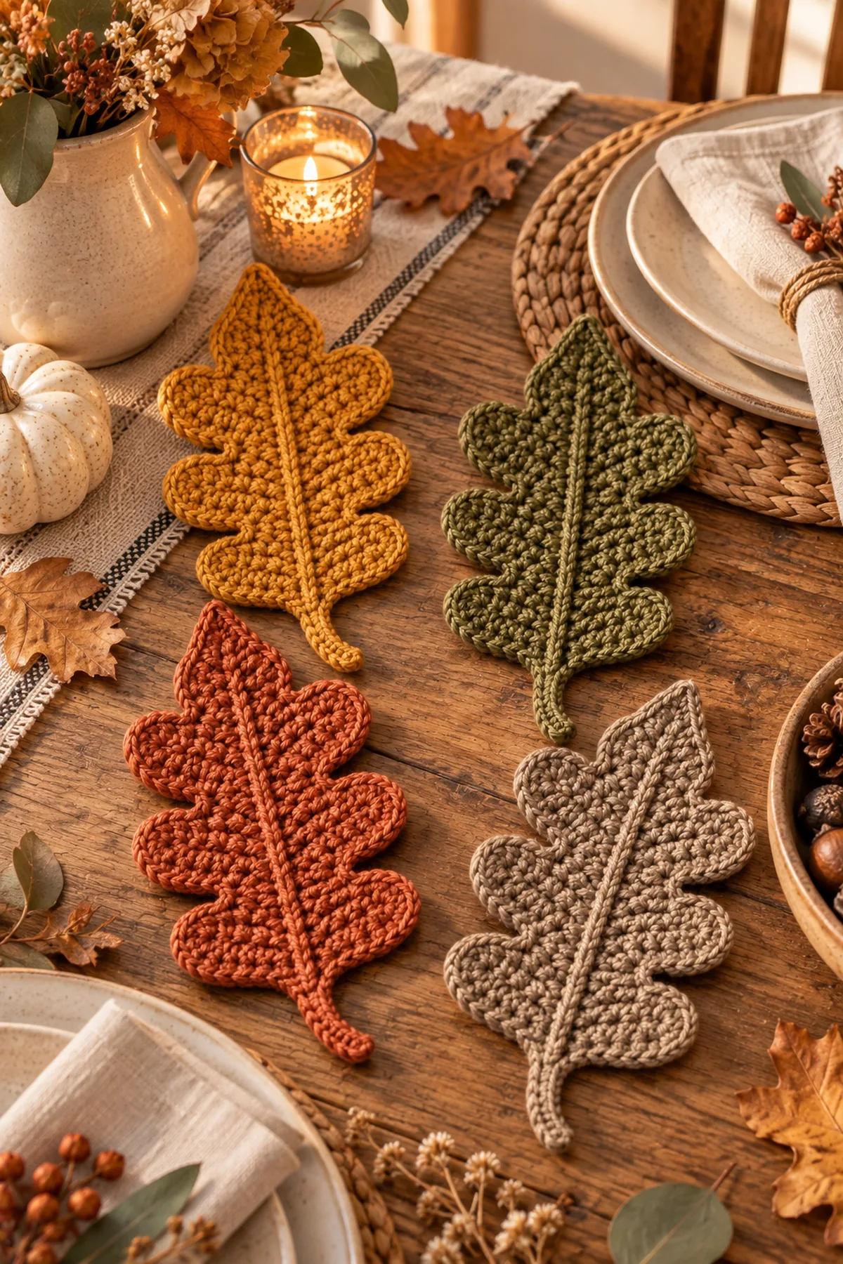 Crochet oak leaves in rust mustard olive and taupe styled as autumn table decor