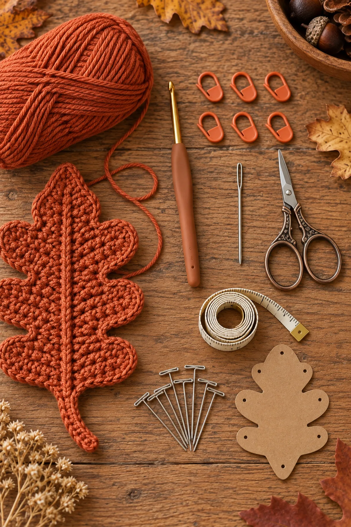 Rust DK cotton yarn crochet hook markers needle scissors and blocking pins for an oak leaf