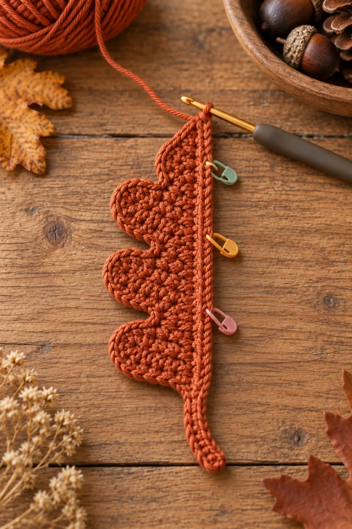 Rust crochet oak leaf center spine and first three shaped lobes in progress