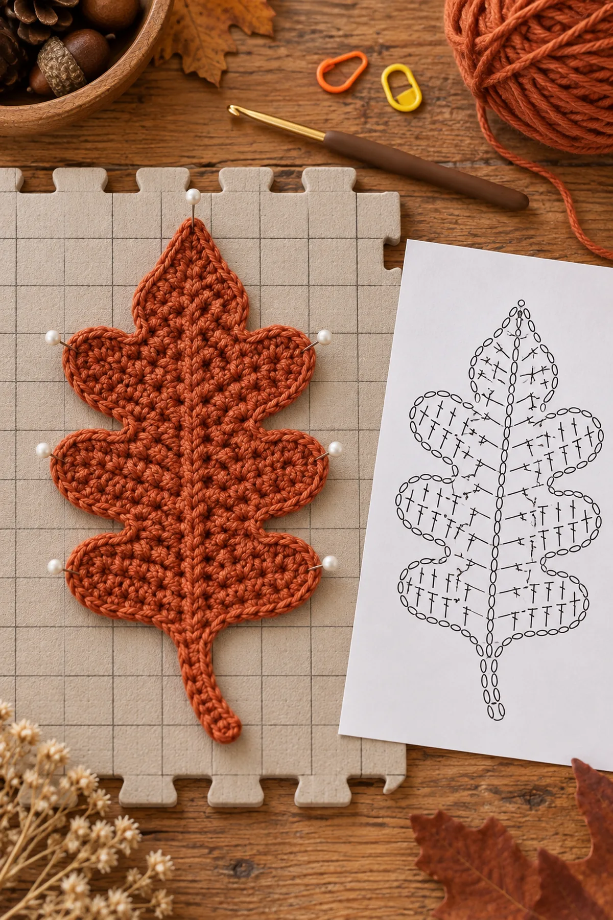 Completed oak leaf beside an original chart-style stitch guide with six lobe groups