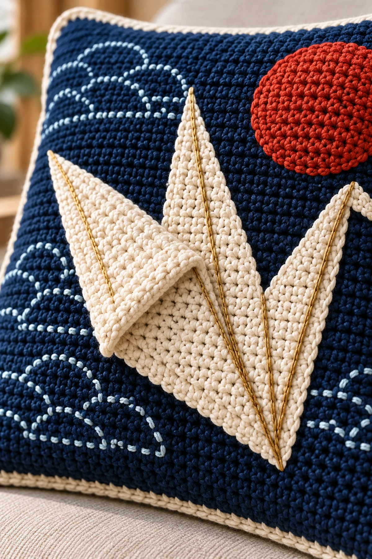 Close-up of layered folded crochet wing gold origami lines and pale blue sashiko cloud stitches