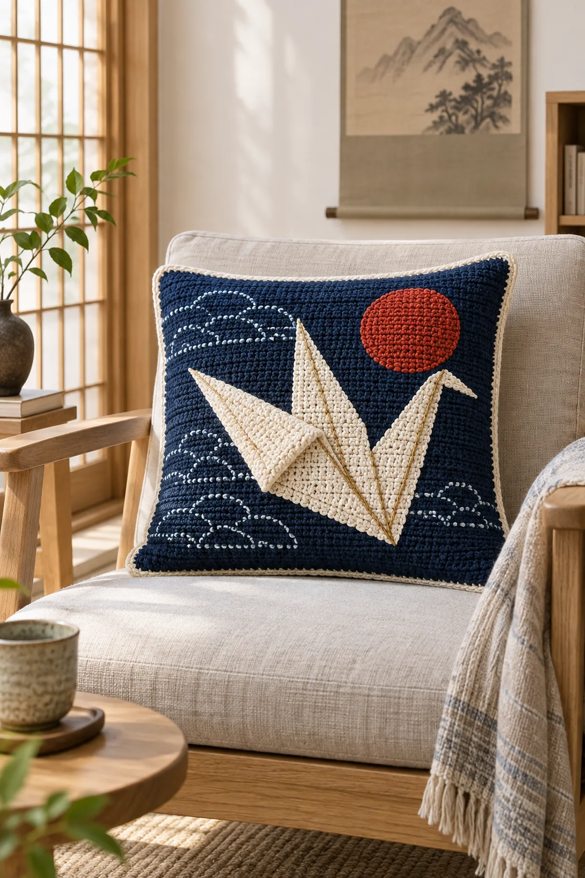 Finished crochet origami crane throw pillow in indigo ivory vermilion gold and pale blue