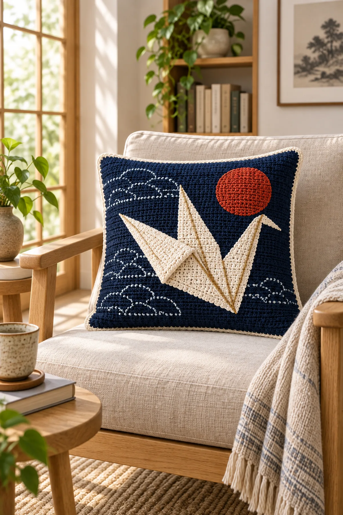 Origami crane crochet throw pillow styled in a serene modern reading corner