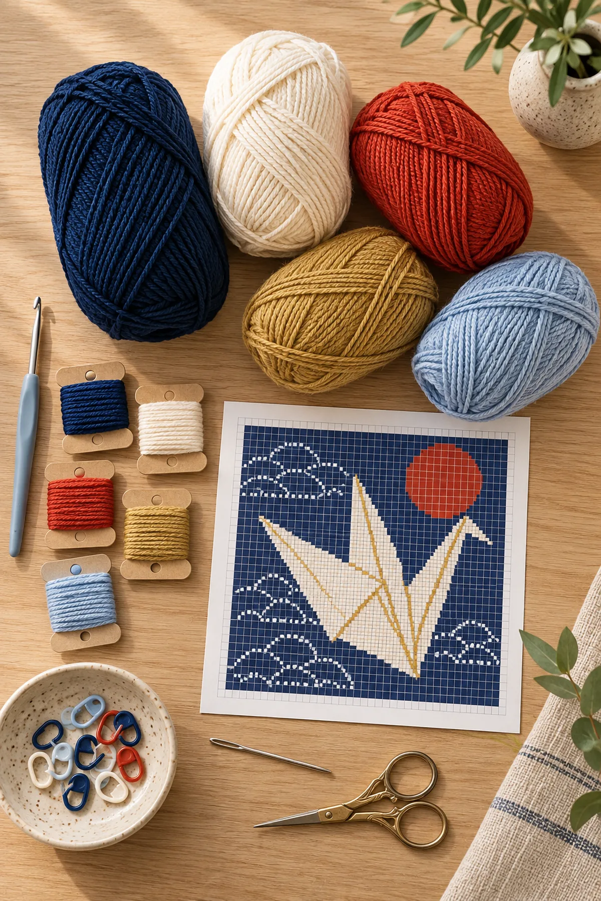 Indigo ivory vermilion gold and pale blue DK yarn hook pillow insert markers needle and scissors