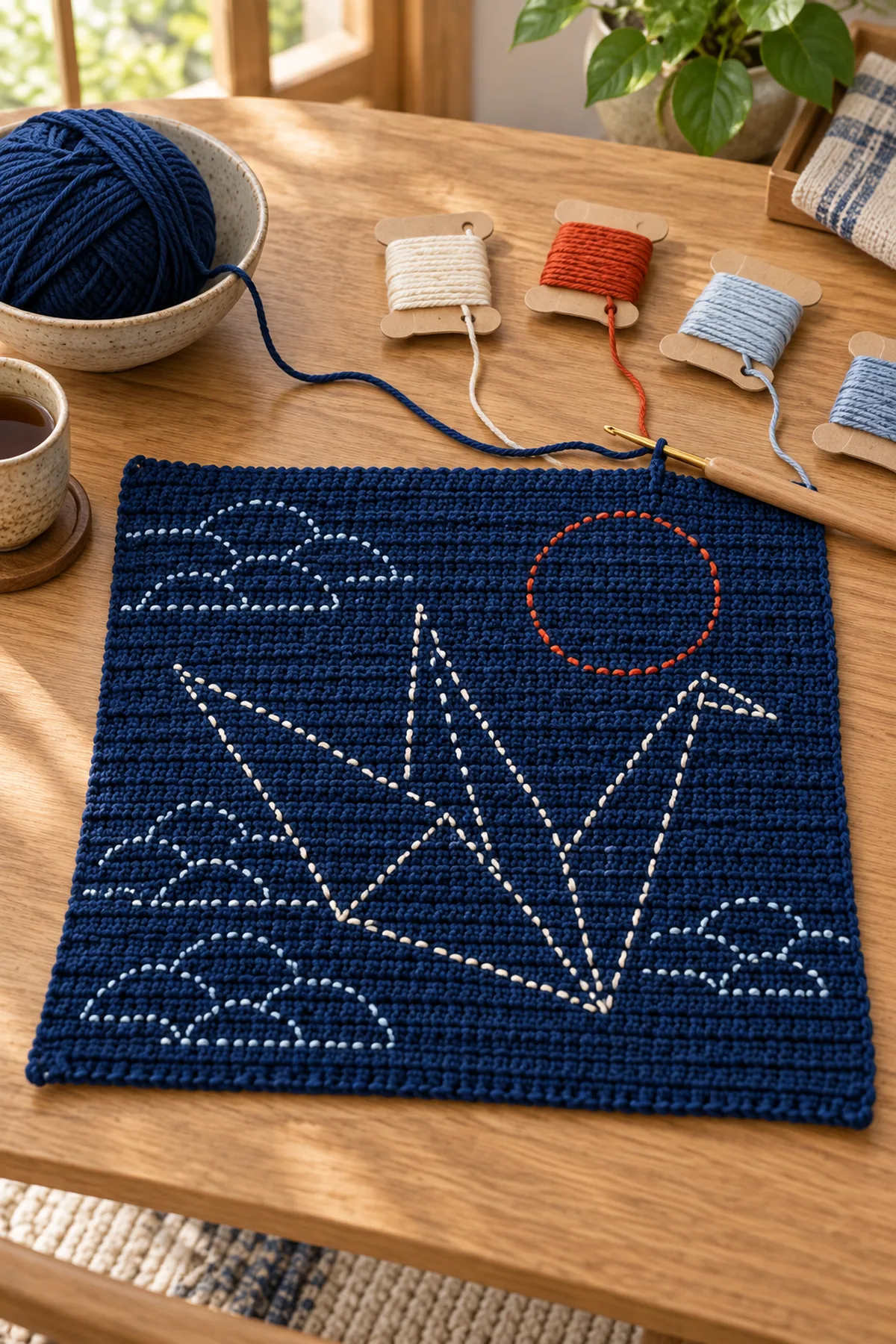 Indigo 61 stitch cushion front foundation with crane chart markers