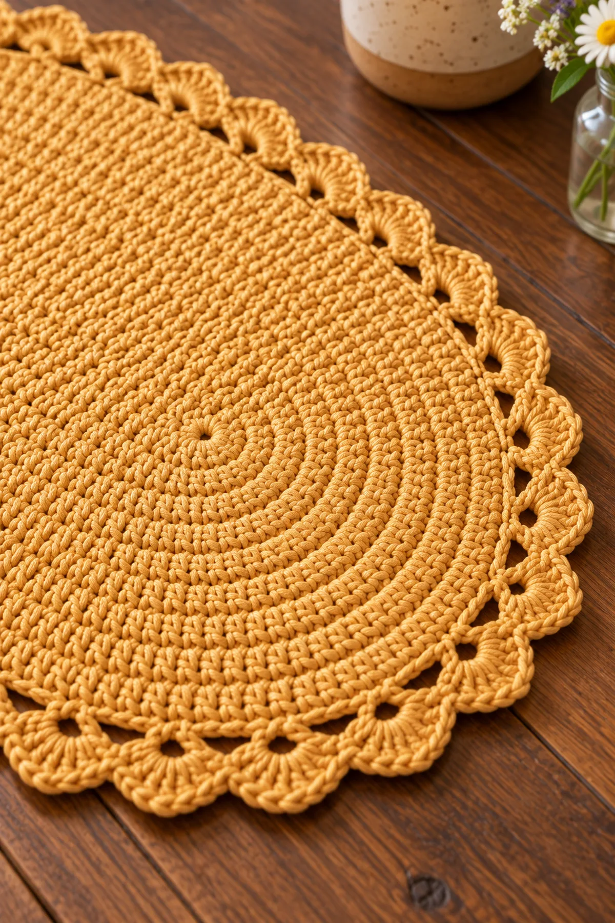 Close-up of golden half double crochet fabric rounded end and shell edging