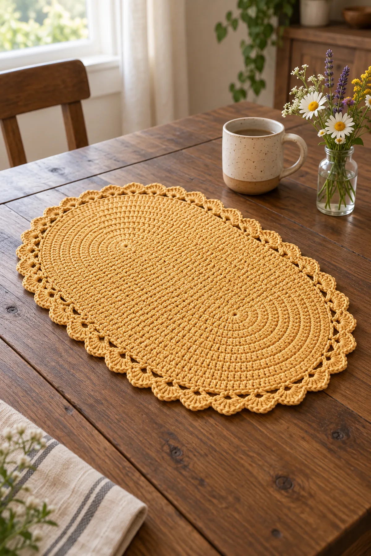 Finished golden corn oval crochet placemat with balanced curves and shell border